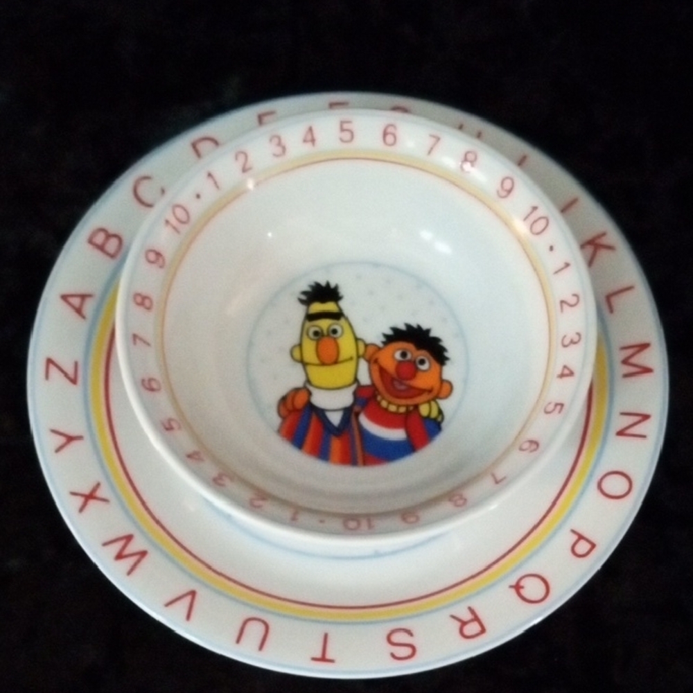 Sesame Street Childs Plate Bowl Porcelain Bert Ernie 2 pc set Vintage